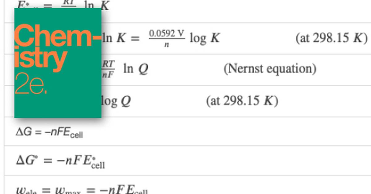 Key Equations Related to Electrochemistry